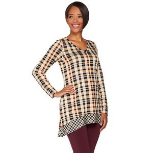LOGO by Lori Goldstein Mixed Plaid V-neck Knit Top